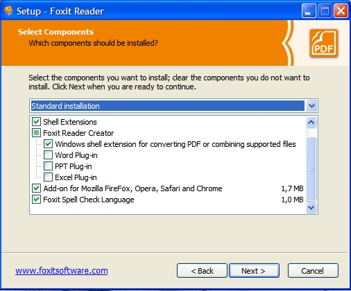 Selektovanje komponenti kod instalacije FoxitReader-a